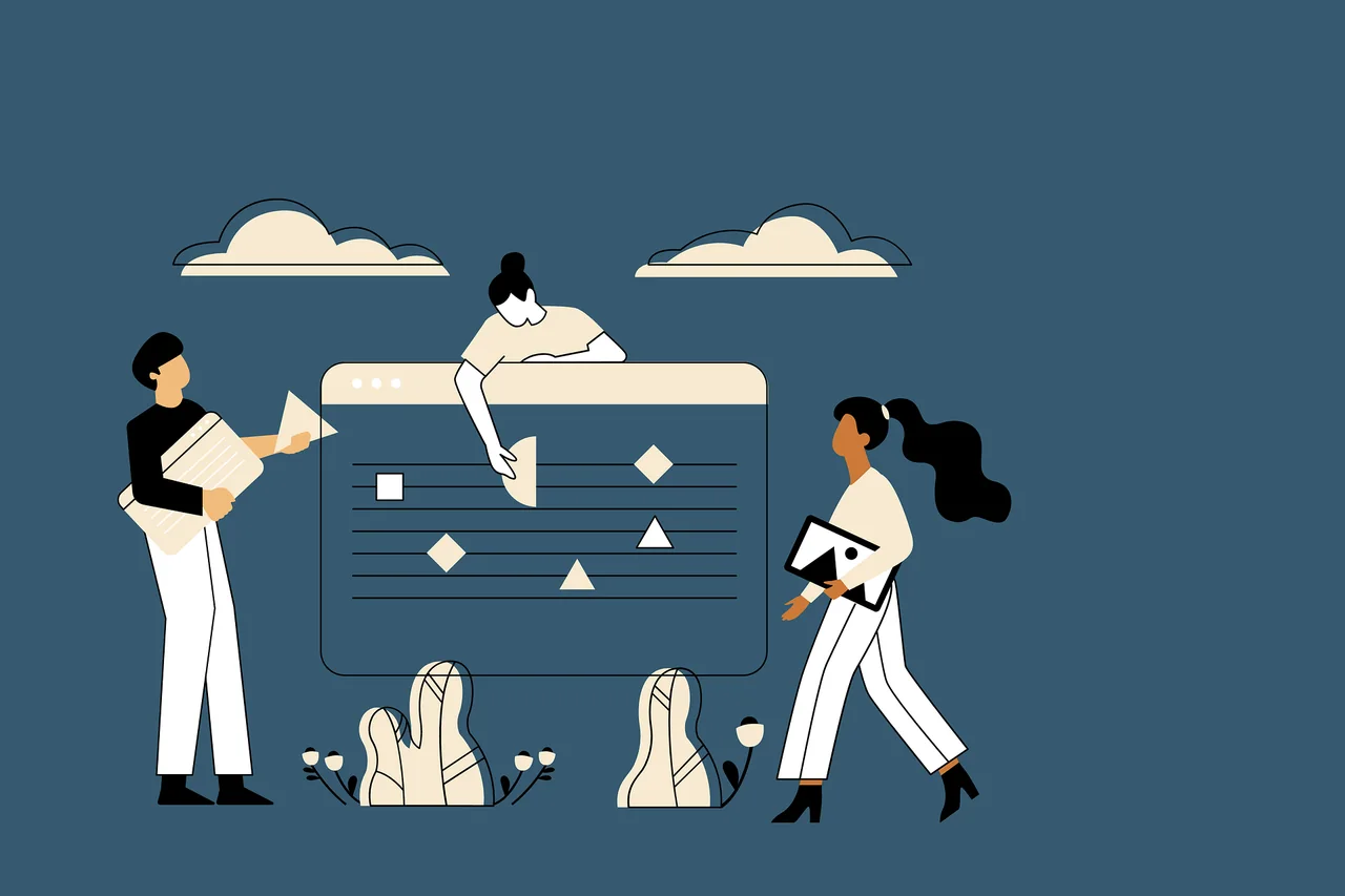 Illustrazione astratta di persone che lavorano su un'interfaccia